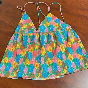 Zara Multicolor Floral Ribbed Top